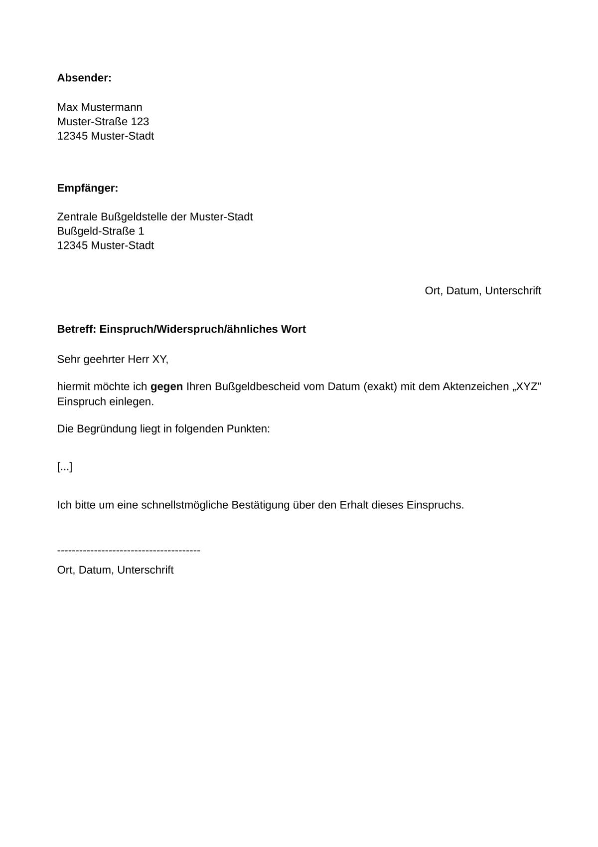 Standard Musterschreiben Beispiel